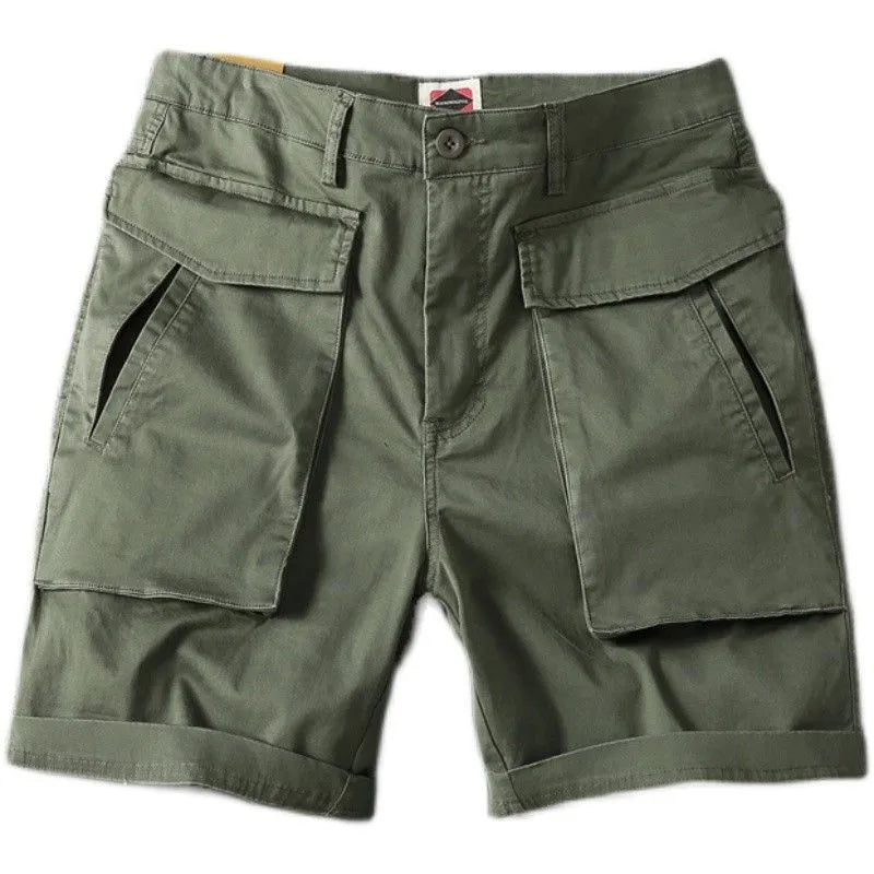 Men's straight cut cotton stretch cargo shorts in khaki with multiple pockets.