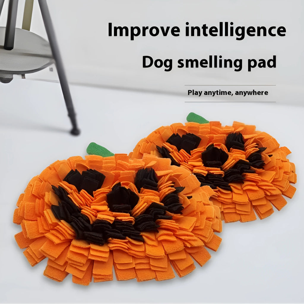 Orange pumpkin-shaped pet smell mat with textured surface for slow feeding and scent training