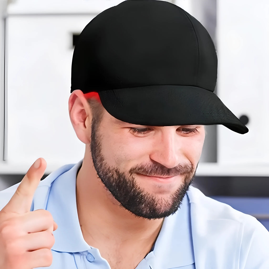 Black duckbill infrared hair growth cap with LED light strips for red light therapy treatment