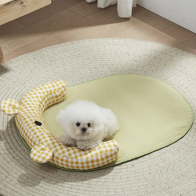 Green and yellow dog cooling mat pet bed showing four size options for small to large animals