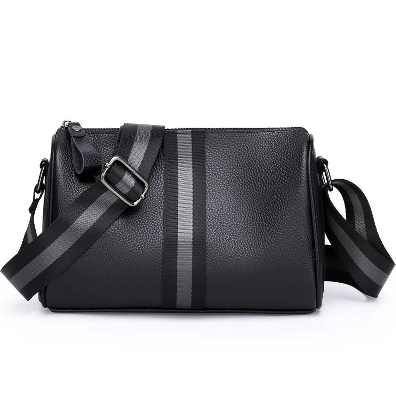 Black genuine leather one-shoulder crossbody bag showing front view and strap.
