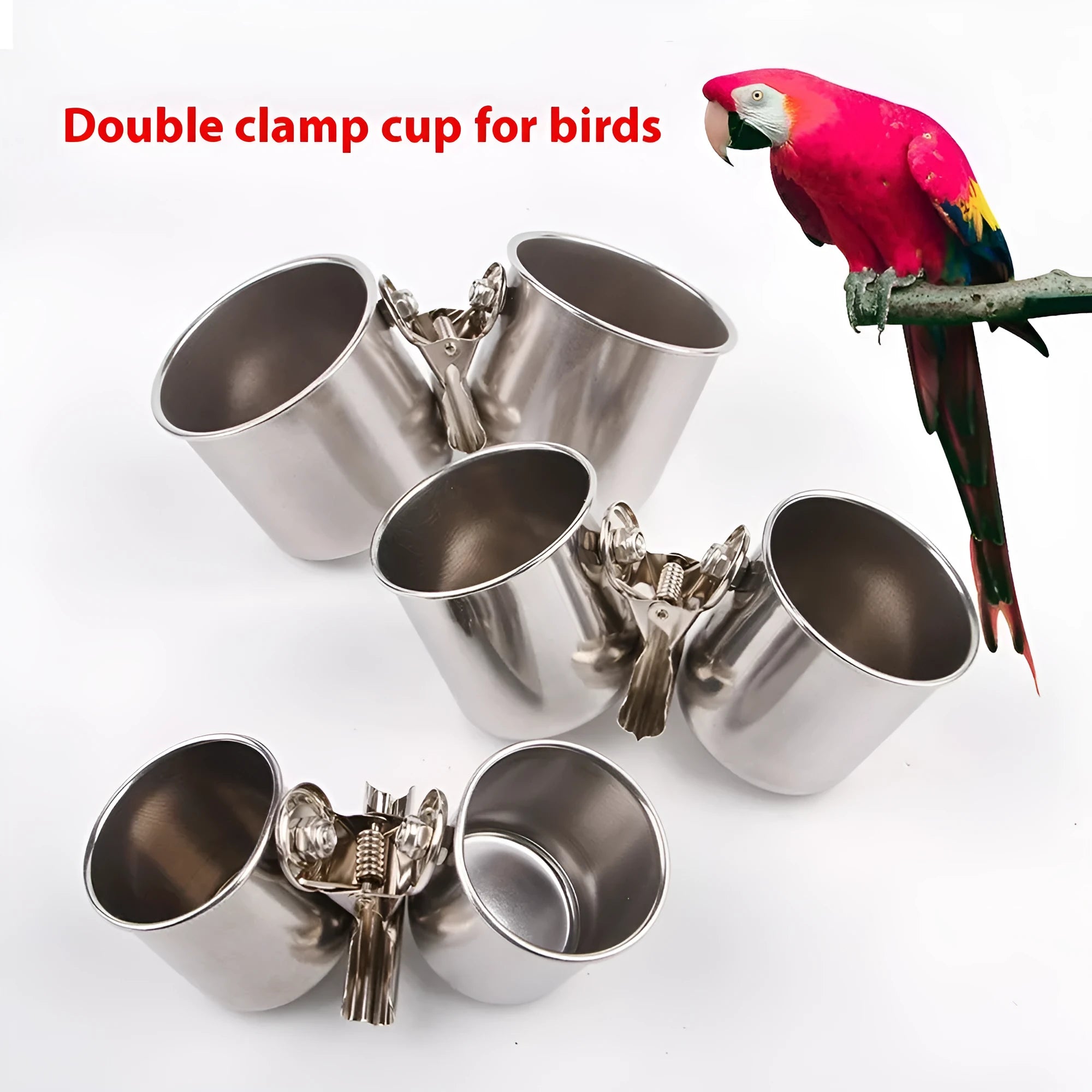 Stainless steel bird feeder food container in natural metal colour for outdoor use.