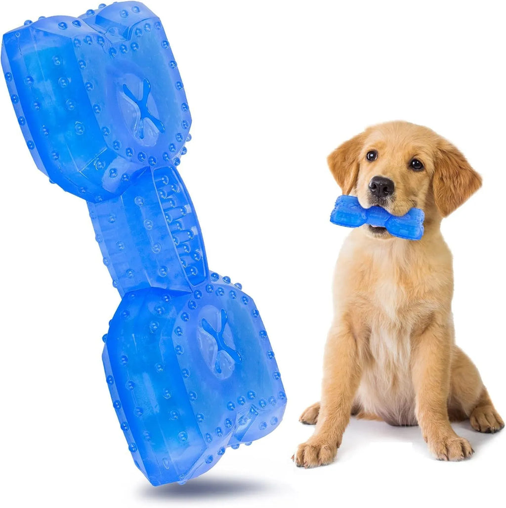 Freezable dog teething toy in bone and circle shapes for cooling chew and dental care