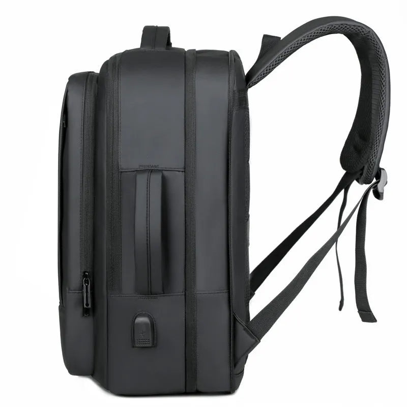 Black or grey waterproof Oxford cloth backpack for men with 20-35L capacity and curved shoulder strap.
