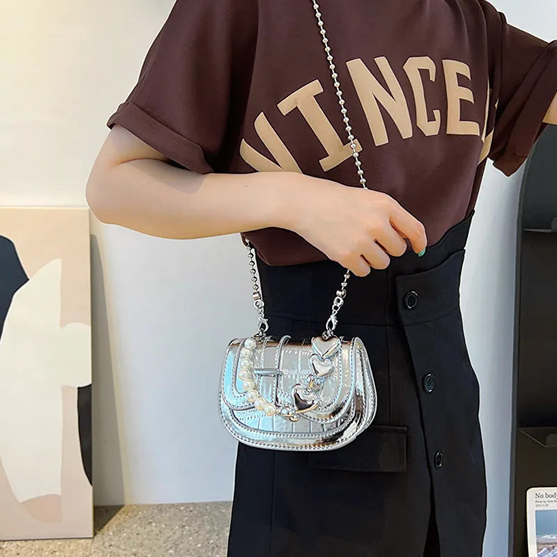 Silver laser pearl tote saddle girl mini crossbody bag with single strap and mobile phone pocket
