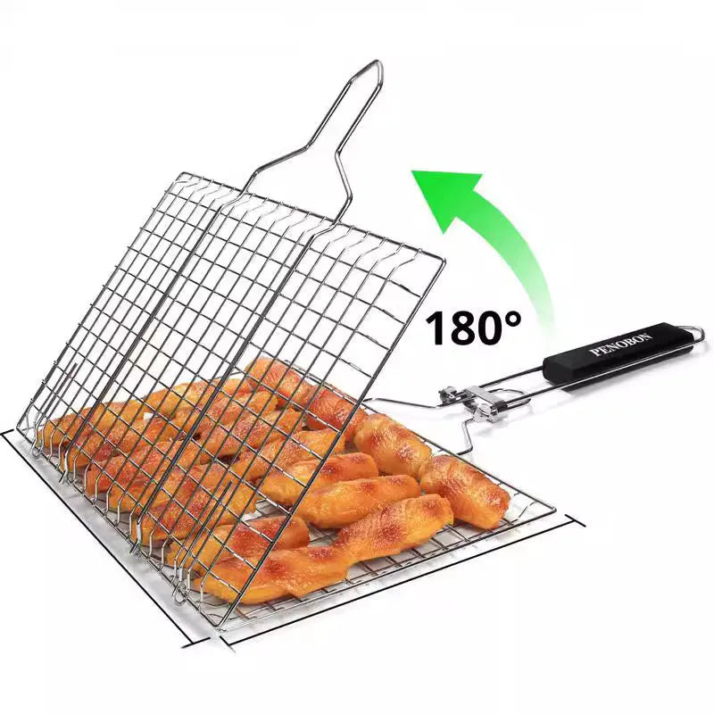 Square stainless steel folding barbecue mesh basket with cleaning brush