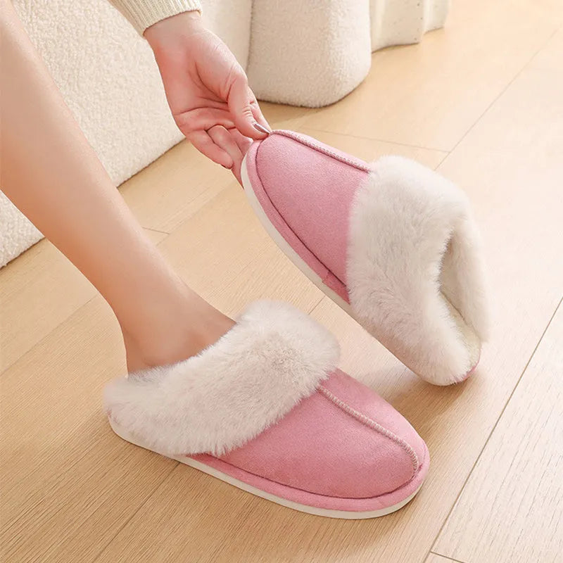 Women's winter plush indoor slippers in brown with anti-slip PVC sole and artificial wool insole
