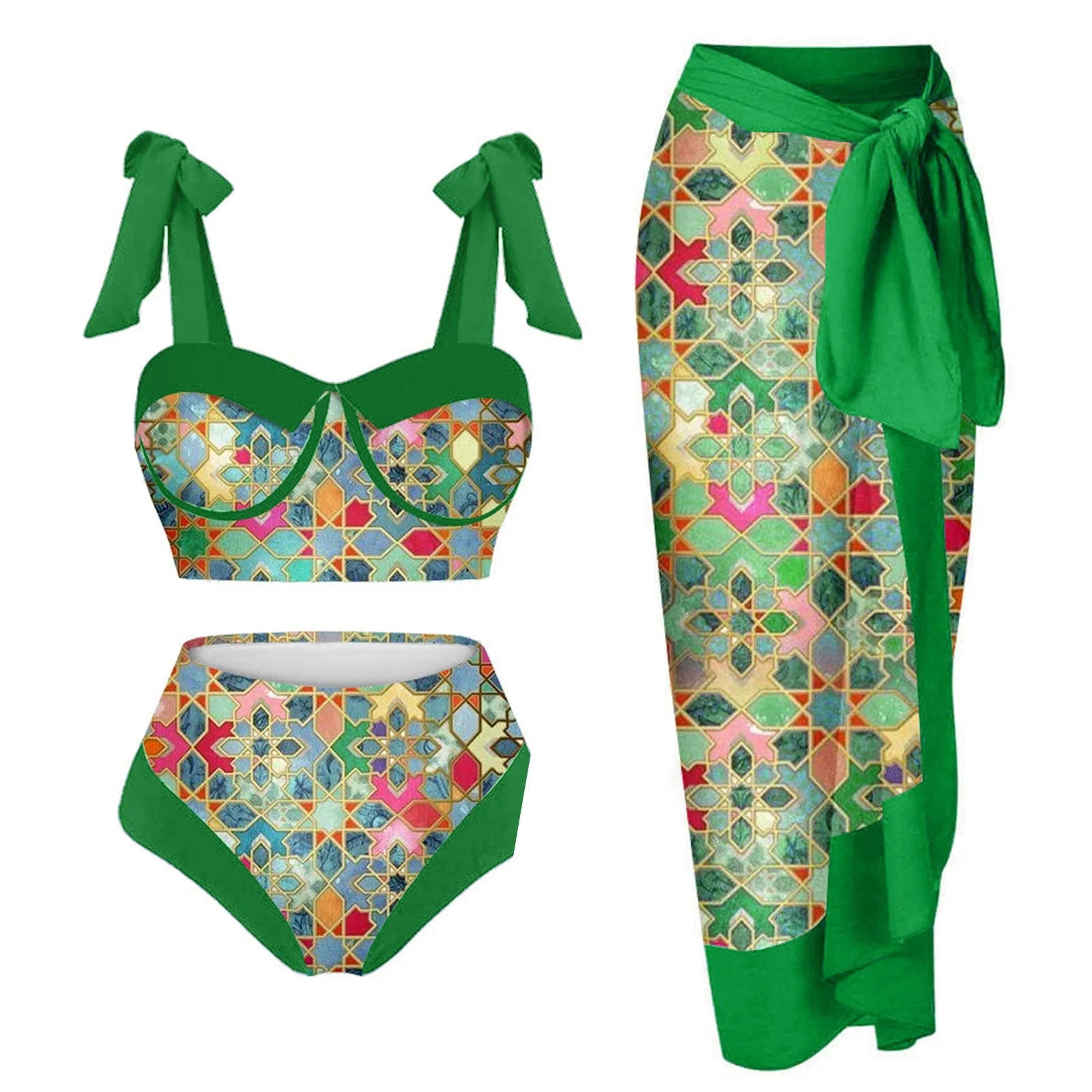 Women's printing split swimsuit three-piece set showing skirt, bra and panties in polyester fabric