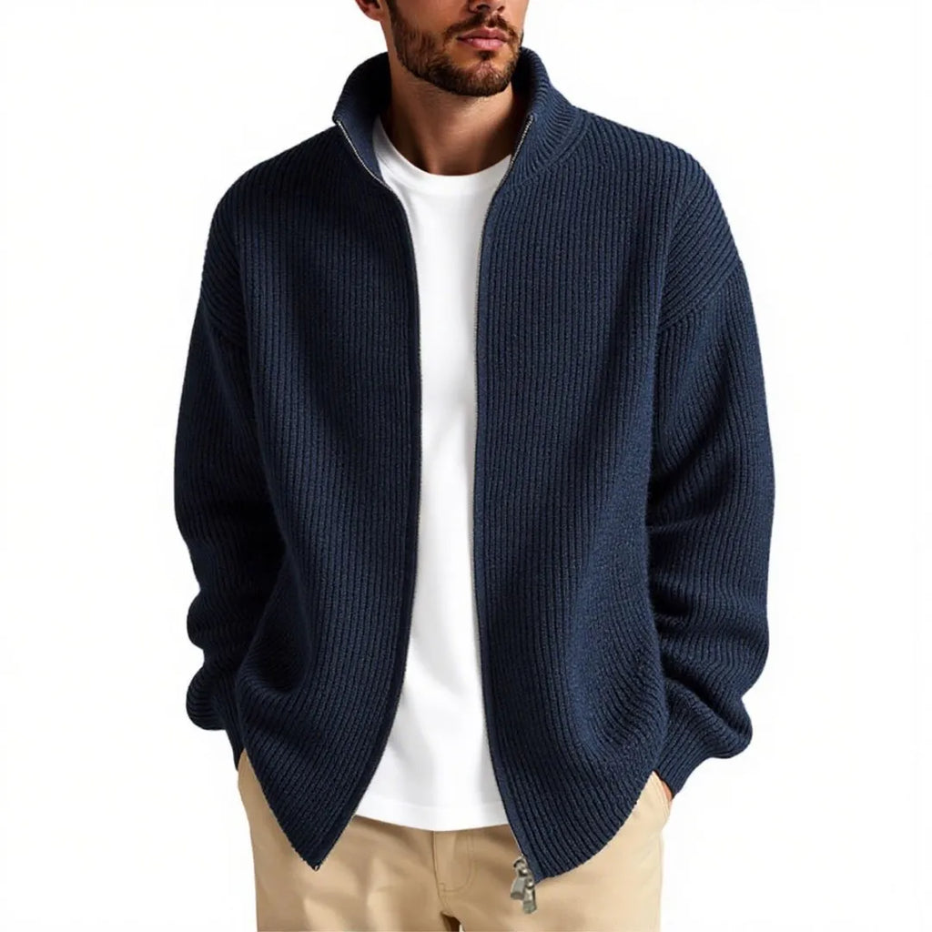 Loose fit men's cardigan sweater in an acrylic blend fabric on a hanger