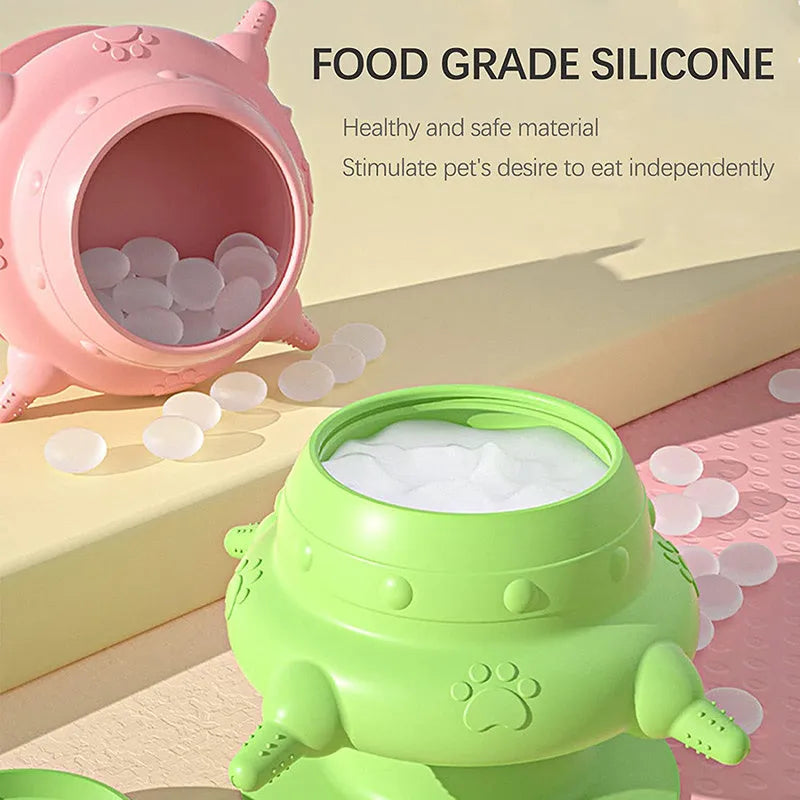 Pink silicone pet nursing device with four pacifiers for puppies and kittens