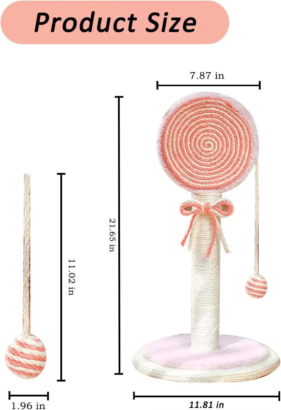 Blue cat scratching post with sisal rope and a hanging ball toy on a sturdy wooden base.