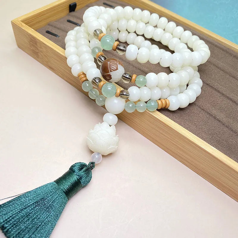 White jade bodhi bead bracelet with 108 stones in traditional unisex design