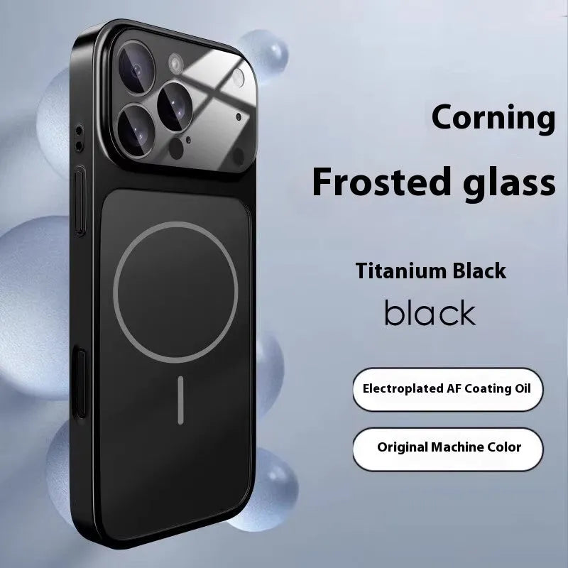 Tempered glass magnetic phone case for iPhone in frosted black, orange, and titanium finishes.