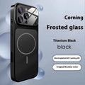 Tempered glass magnetic phone case for iPhone in frosted black, orange, and titanium finishes.