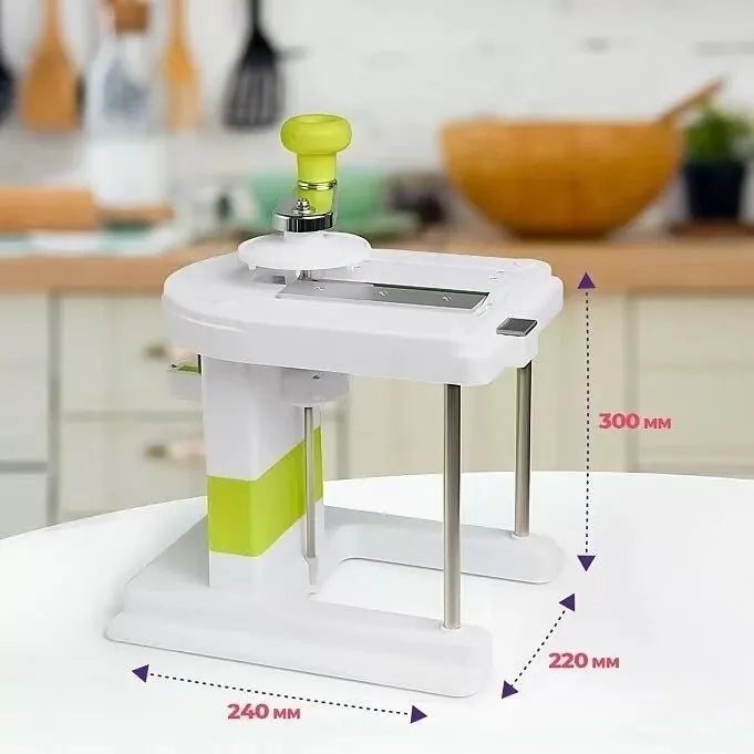 Beige stainless steel vegetable slicer chopper grater with spiralizer function on kitchen counter