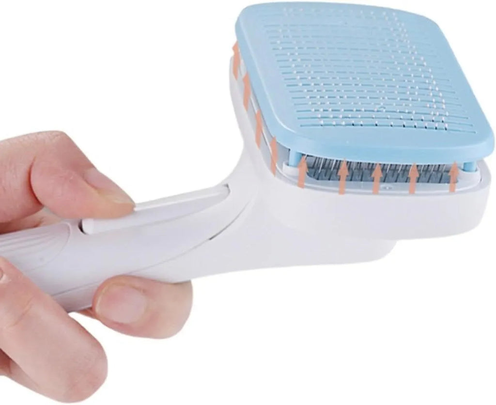 Automatic pet hair removal comb for dogs and cats in blue, grey, green, or pink colours