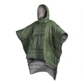 Adult wearing a gray hooded outdoor cloak that converts into a sleeping bag, shown laid flat at 200cm x 140cm.