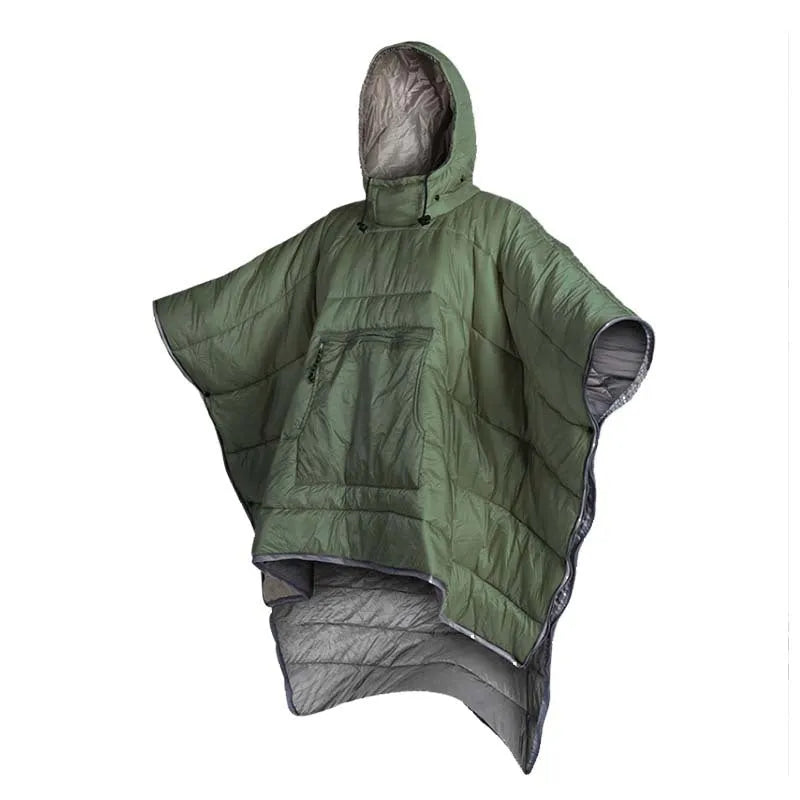Adult wearing a gray hooded outdoor cloak that converts into a sleeping bag, shown laid flat at 200cm x 140cm.