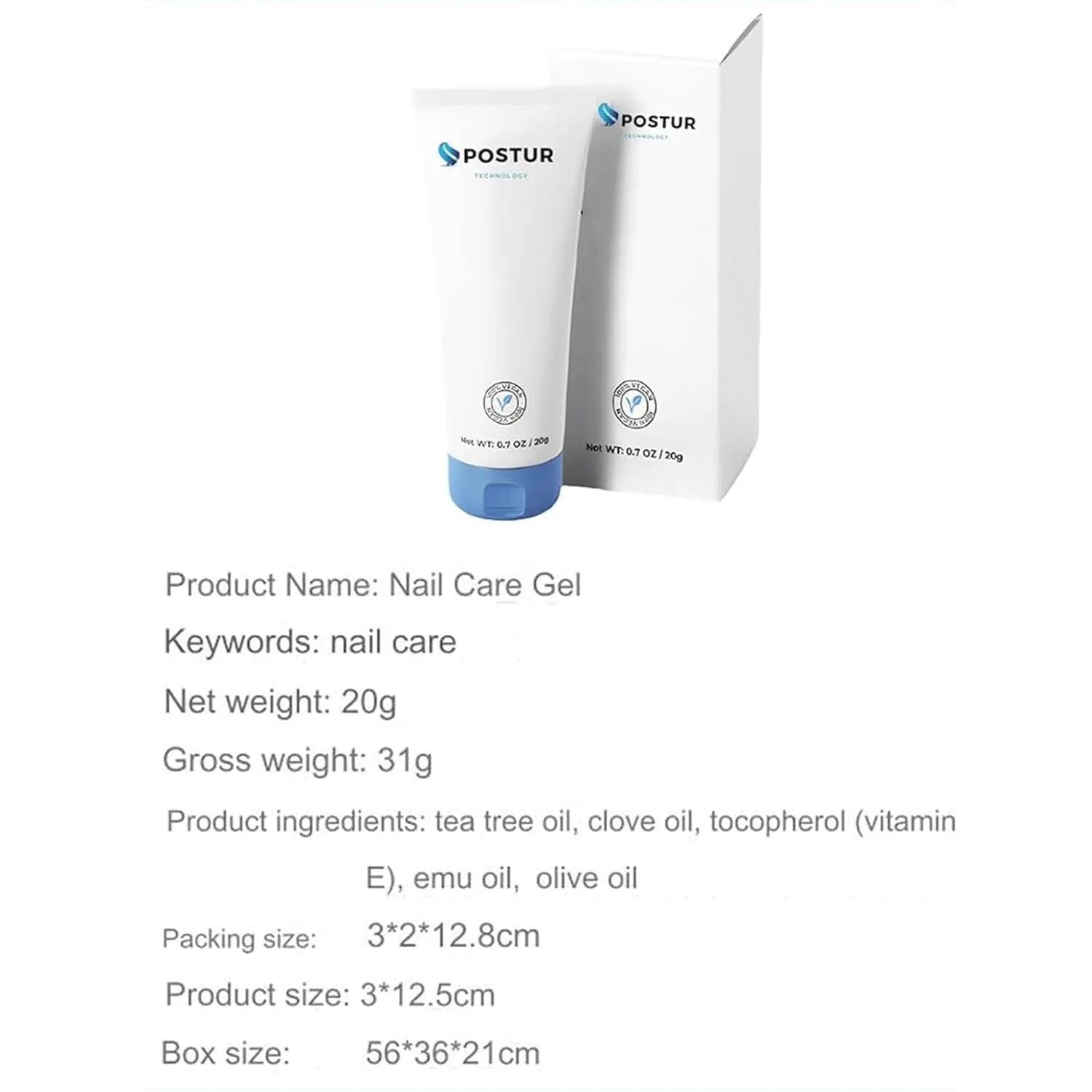 20g clear nail gel polish bottle measuring 3cm by 2cm by 12.8cm