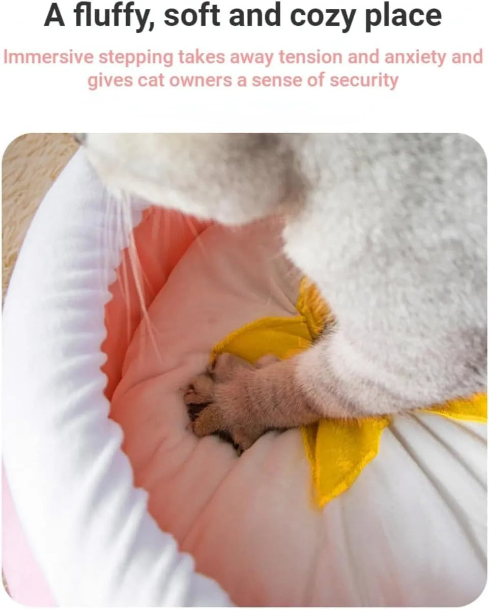Pink and yellow honey pot shaped cat sofa bed with a soft fabric exterior and large interior space for pets.