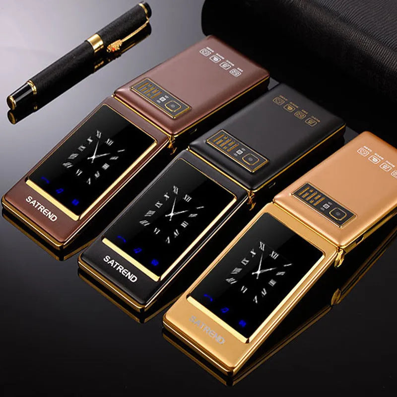 Dual screen flip phone in black showing internal touch screen and external display.
