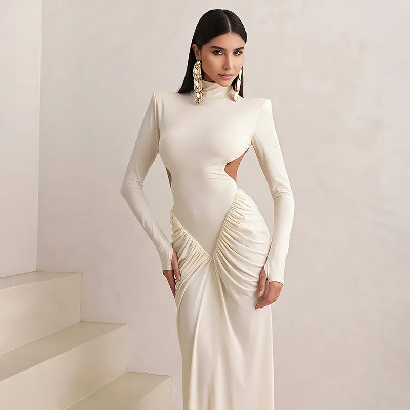 Long sleeve high collar slim fit dress with pleated backless design in solid colour options