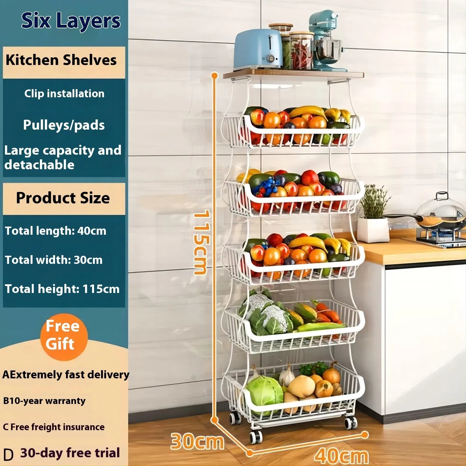 Black six layer kitchen shelf floor trolley with carbon steel construction and foldable design