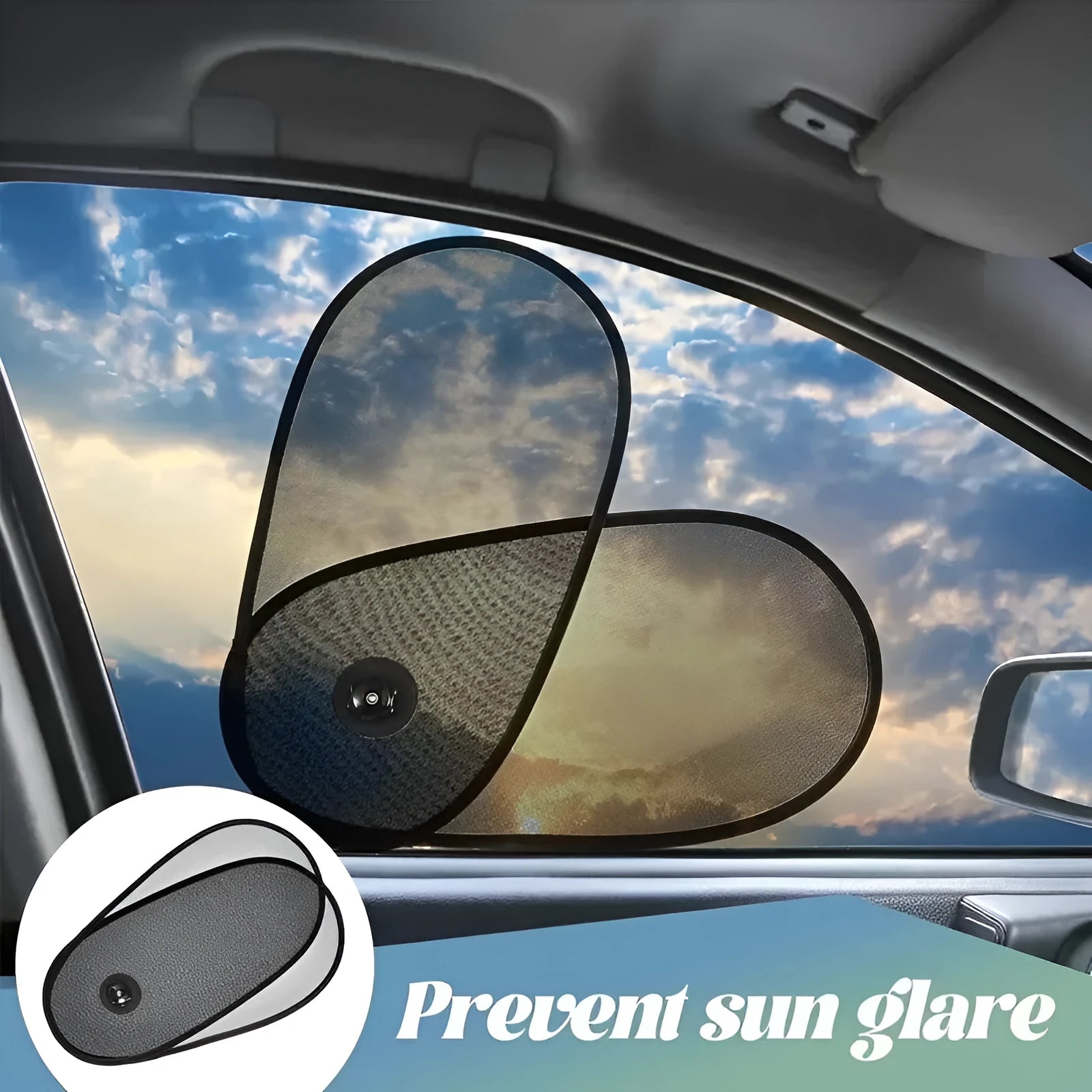 Black stretchy car side window sunshade for babies attached with suction cups, shown in a compact stored size