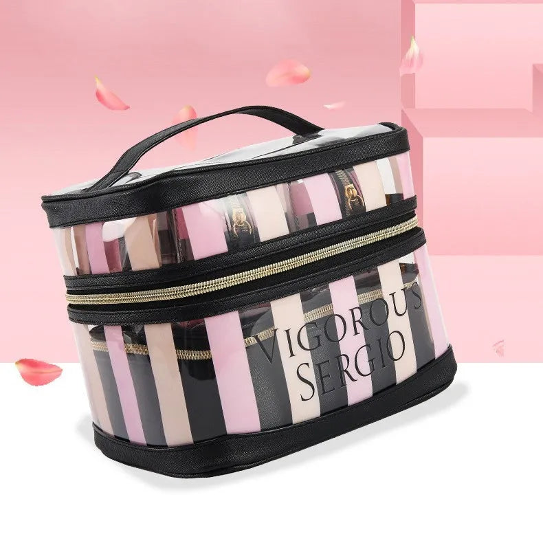Pink bold stripes floral pattern waterproof synthetic leather buggy makeup bag folded open