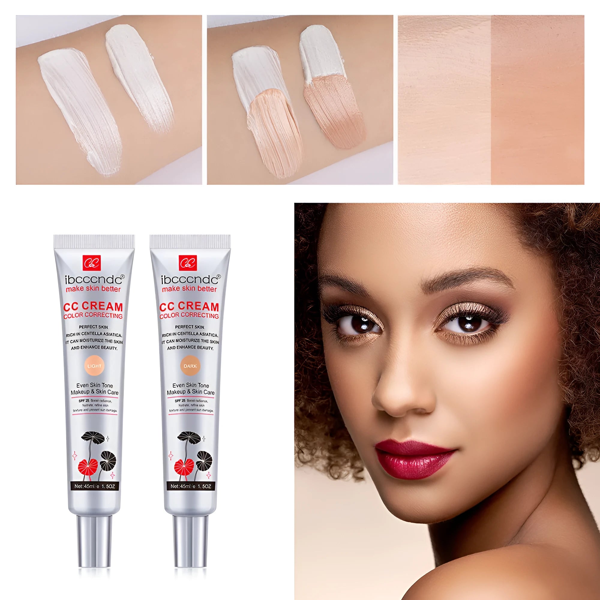 Erborian Centella Asiatica CC cream tube in light and dark shades for colour correcting makeup