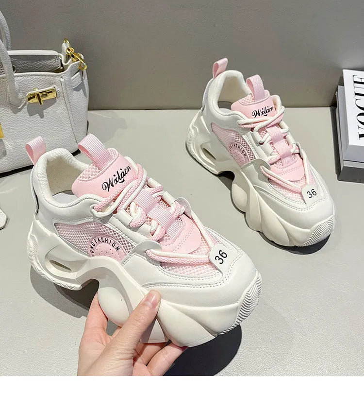Women's thick sole casual sneakers with cross shoulder straps in beige artificial PU with mesh lining