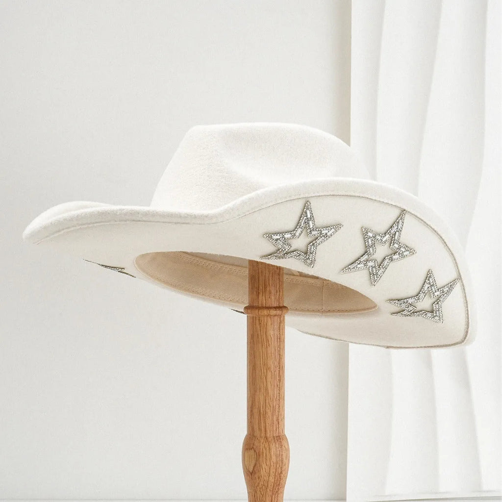 Polyester woven western-style top hat with conical crown and hexagonal star decoration