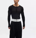 Black slim-fit women's pullover top with mesh see-through texture and long sleeves.