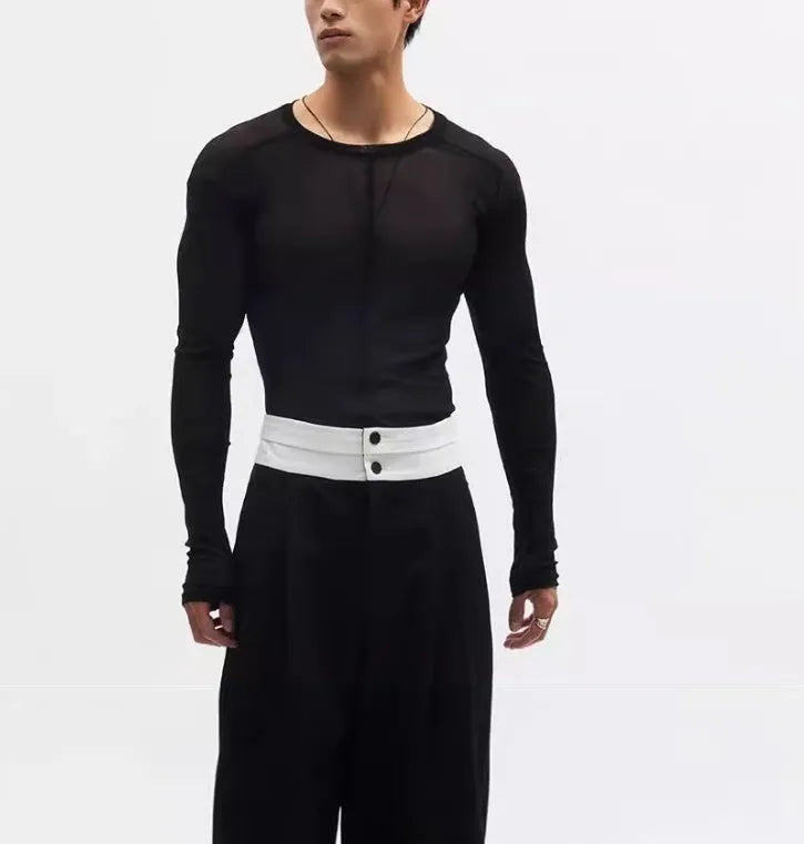 Black slim-fit women's pullover top with mesh see-through texture and long sleeves.