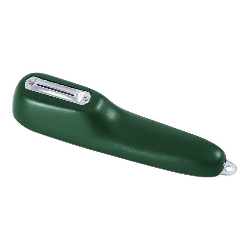 Dark green kitchen peeler with a storage tube and stainless steel blade, shown next to a potato.