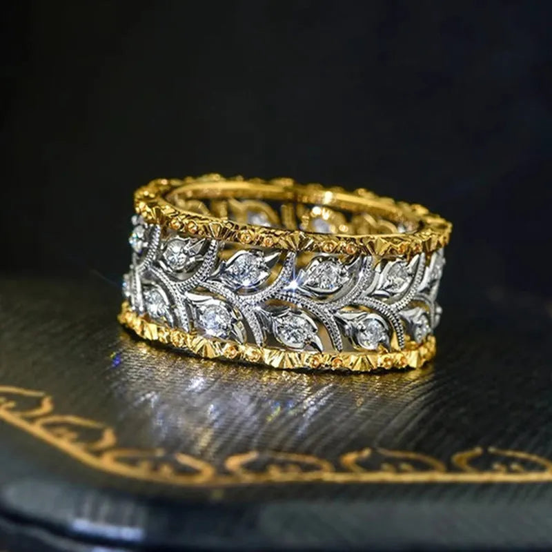 Two-tone wheat leaf ring with inlaid zircon, unisex copper band in gold and silver, sizes No 6 to No 10