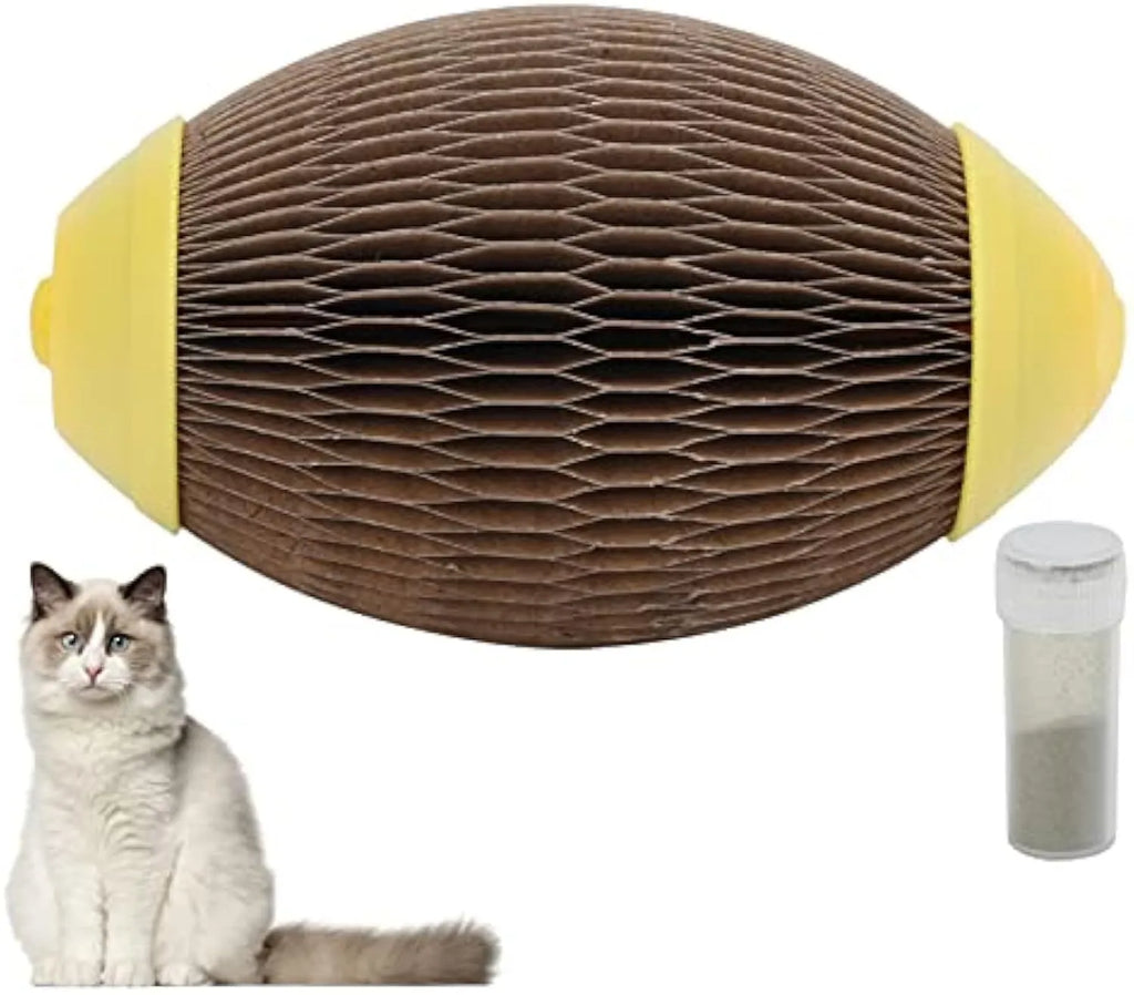 Elliptical catnip scratch football toy made from recycled corrugated paper.