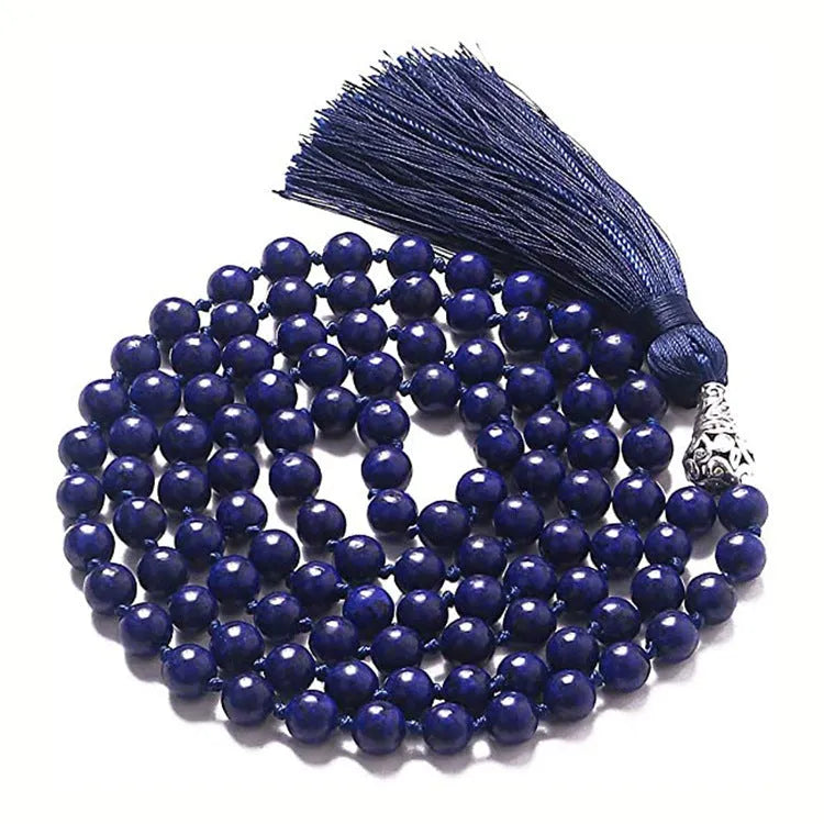 Long multi-stone agate and amethyst tassel necklace with blue pattern, geometric beads.