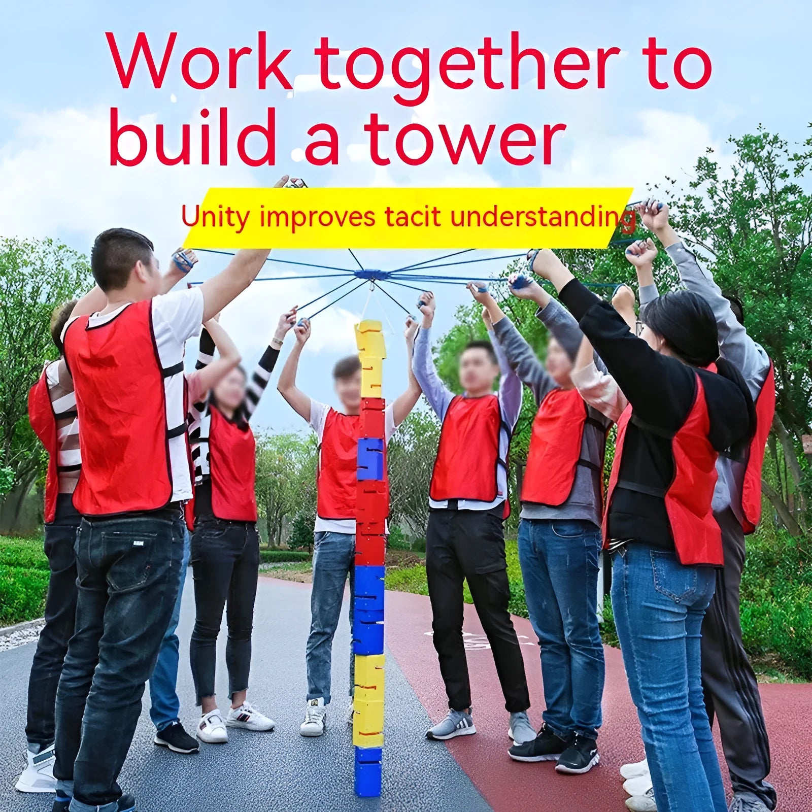 ABS team building game equipment with multiple coloured tower blocks, pull ropes, and assembly components