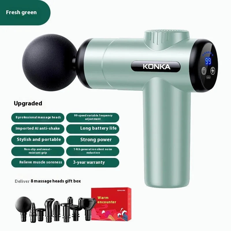 Konka V19 grey professional massage gun with multiple attachment heads on red packaging
