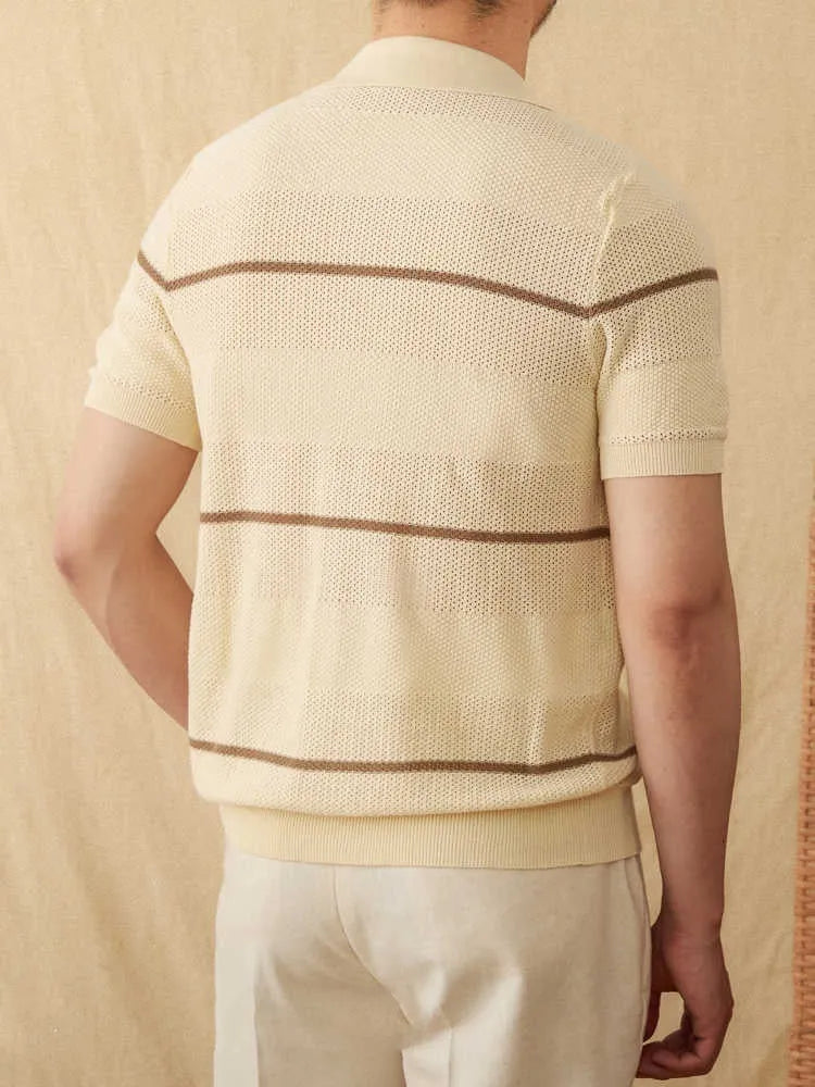 Camel coloured short sleeve linen cotton cardigan with lapel collar on a hanger
