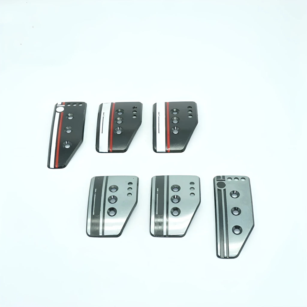 Aluminium alloy manual transmission car pedal set showing accelerator, brake, and clutch pedals with screws and nuts.