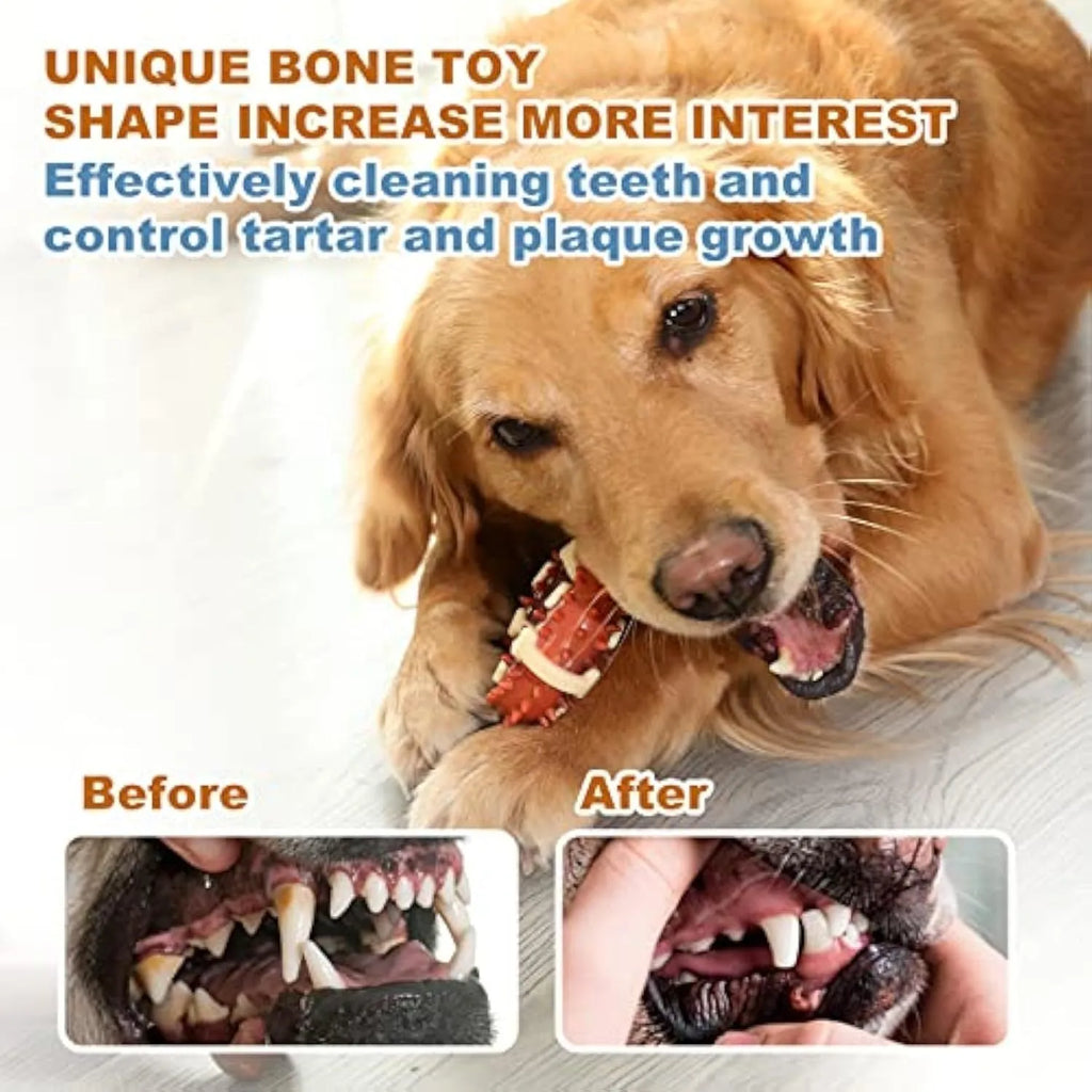 Bone-shaped natural rubber dog dental chew toy for teeth cleaning and anxiety relief