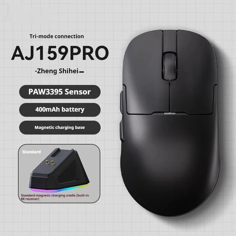 AJ159 triple-mode gaming mouse in Yunfeng White colour on a mousepad, showing its small-medium size and sleek design.