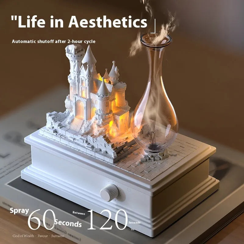 White medieval castle design aromatherapy machine with cold fragrance diffusion and ambient lighting