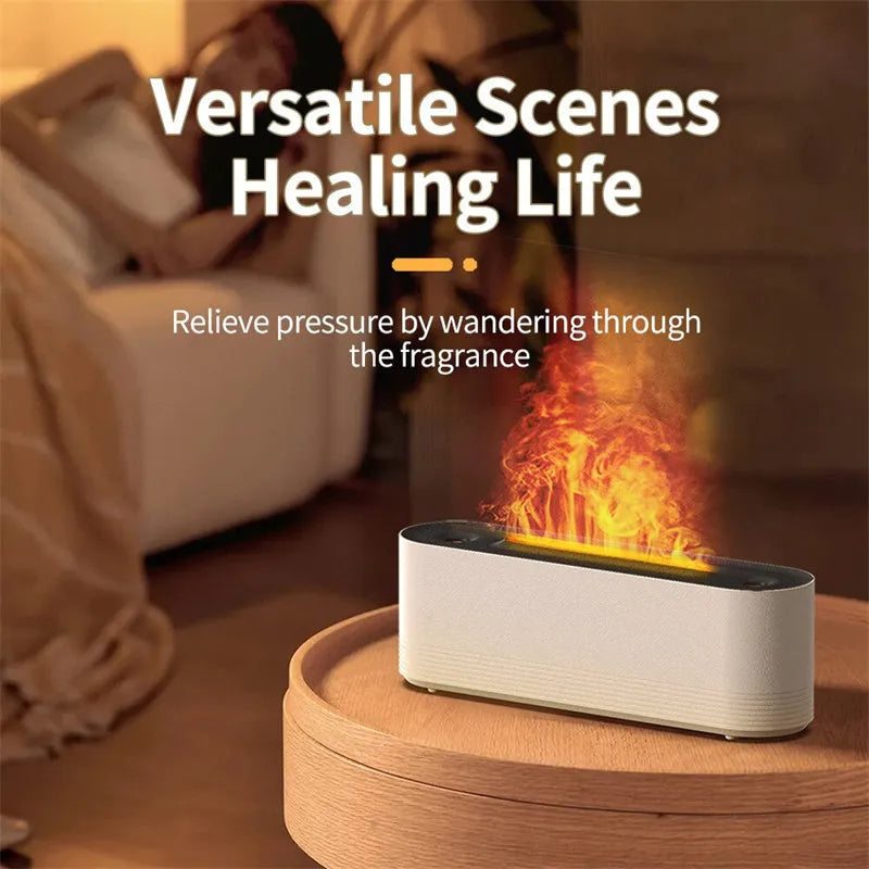 Black Flame Air ultrasonic humidifier and essential oil diffuser with coloured LED lights on a desk.