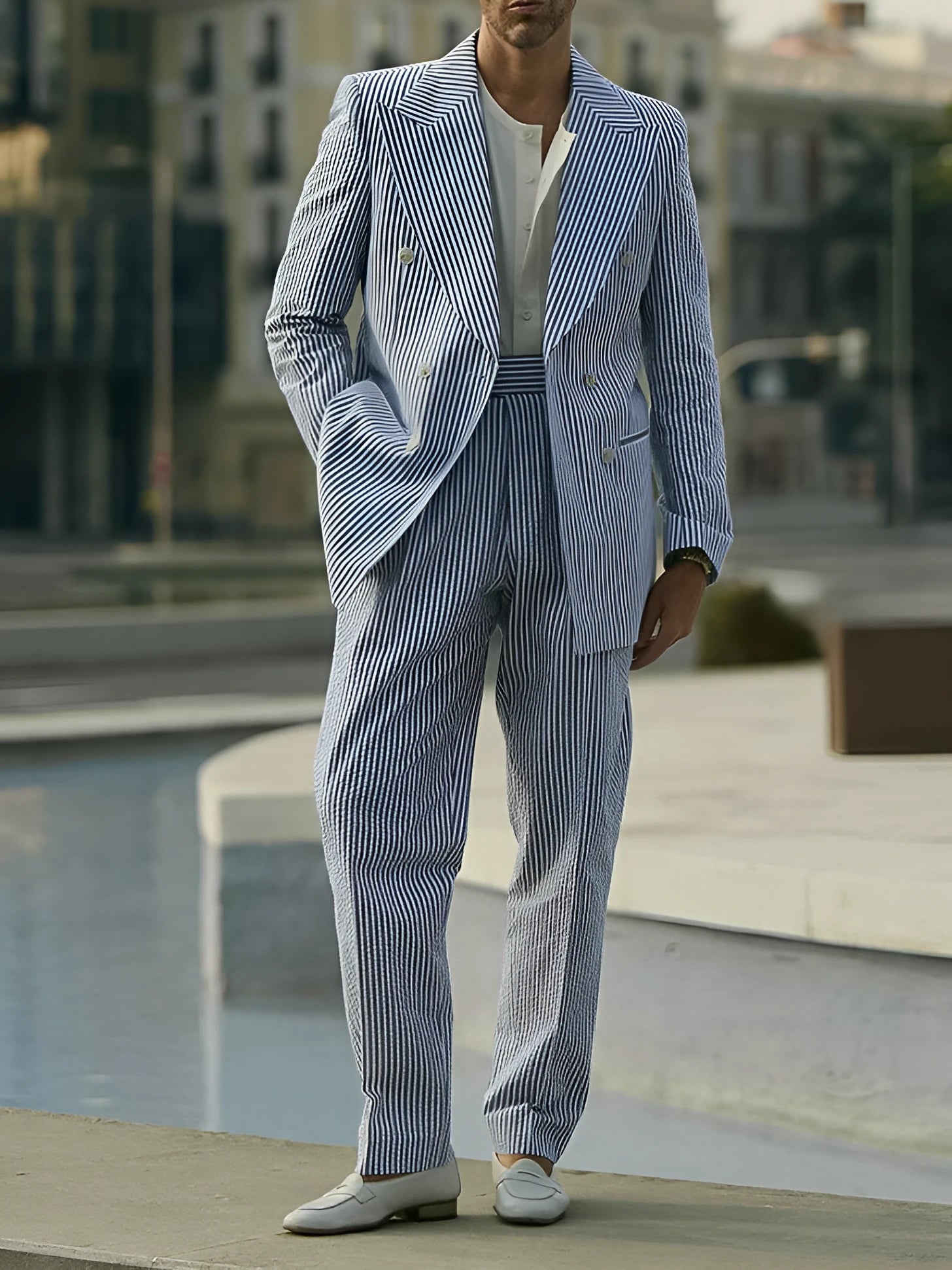 Blue and white striped polyester blazer and trousers suit set on a hanger.