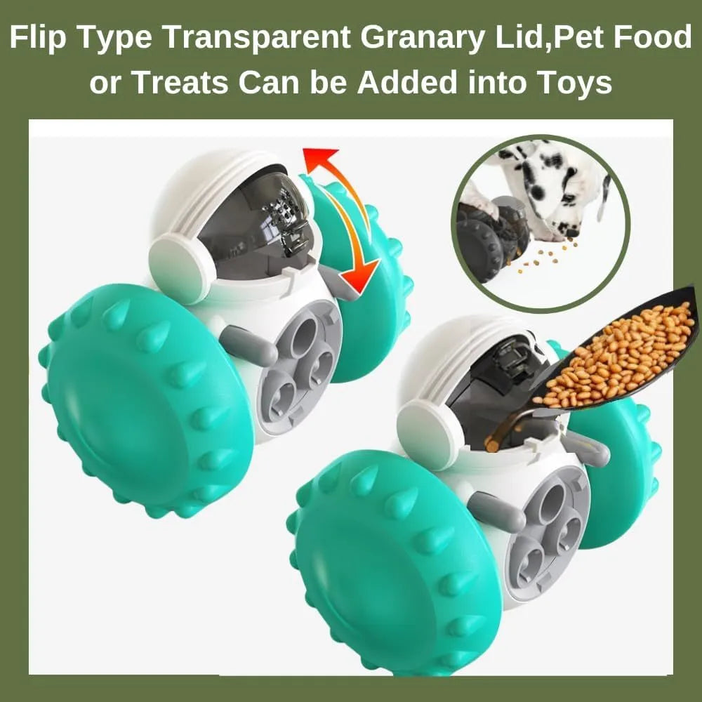 Self-balancing pet treat dispenser toy in robot design for small dogs and cats