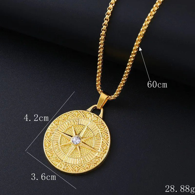 Gold-coloured geometric necklace with zircon detailing on alloy pendant for women