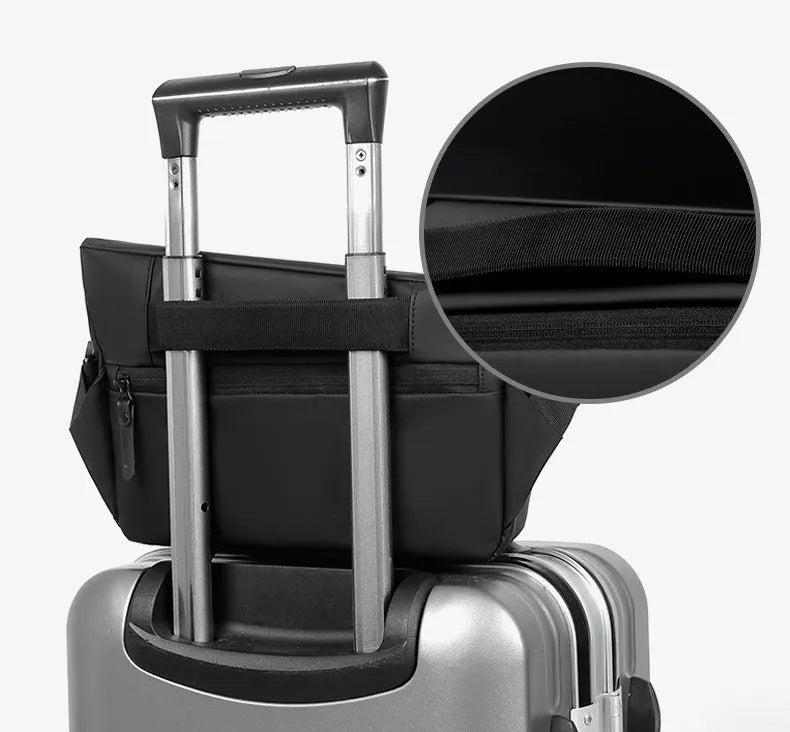 Men's grey PU crossbody bag with shoulder strap showing internal organisation compartments